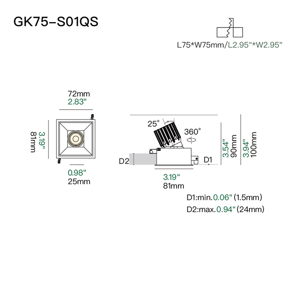 Adjustable single-head square recessed lamp, suitable for kitchens, home offices, hallways, and general ceiling illumination