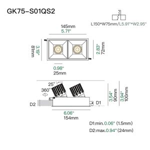 Adjustable square double-head recessed lamp, suitable for modern home living rooms, hallways, and study areas