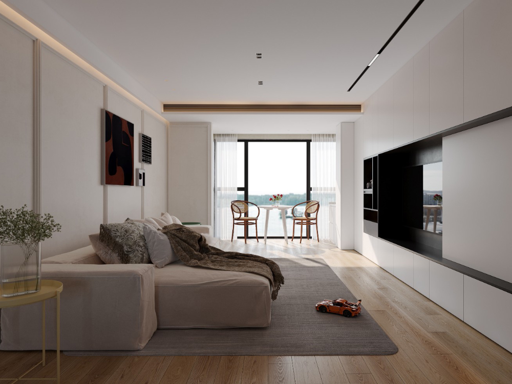 Modern living room lighting with square recessed ceiling lights and magnetic track lighting system