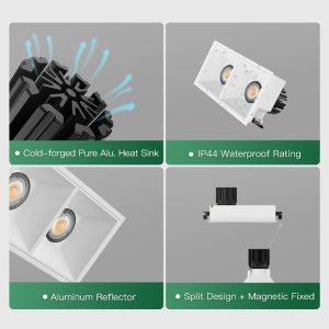 Anti-glare recessed twin downlight with cold forged aluminum heat sink for residential and commercial interiors