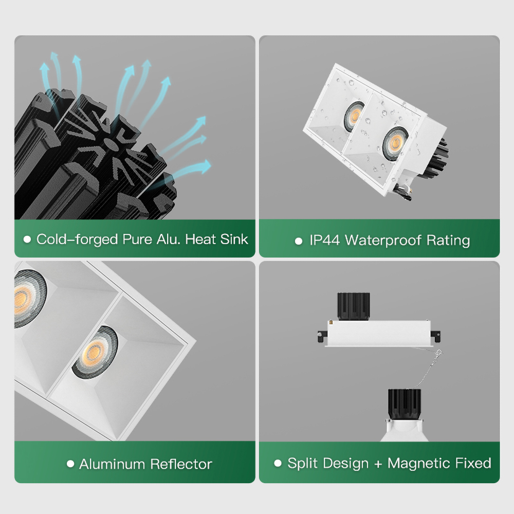Anti-glare recessed twin downlight with cold forged aluminum heat sink for residential and commercial interiors
