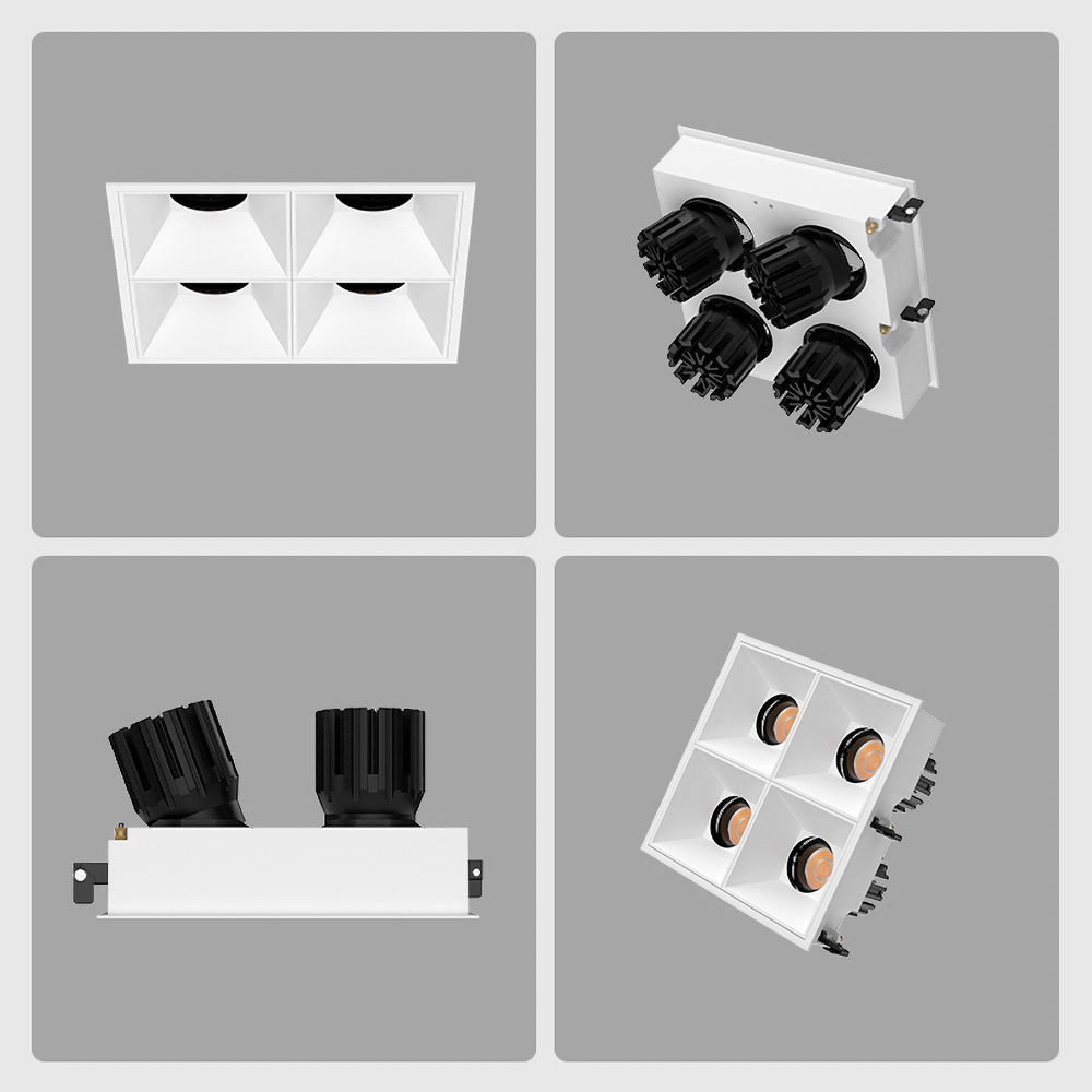 Square recessed four-head spotlight, angle adjustable, suitable for modern home corridors, living rooms, and dining areas