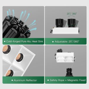 04 GK75-S01QS4 Four-head square adjustable recessed lamp, ideal for ceiling illumination in hallways, kitchens, and office spaces