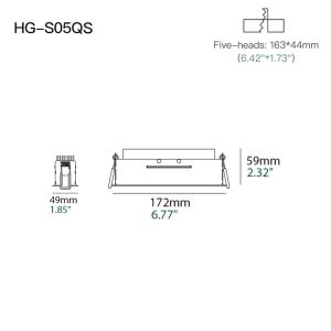 Architectural recessed grille spotlight with five LED modules for premium ceiling lighting in residential spaces
