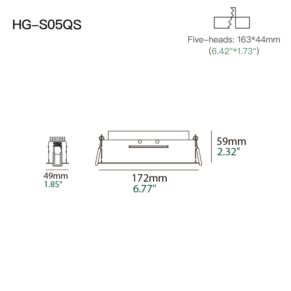 Architectural recessed grille spotlight with five LED modules for premium ceiling lighting in residential spaces