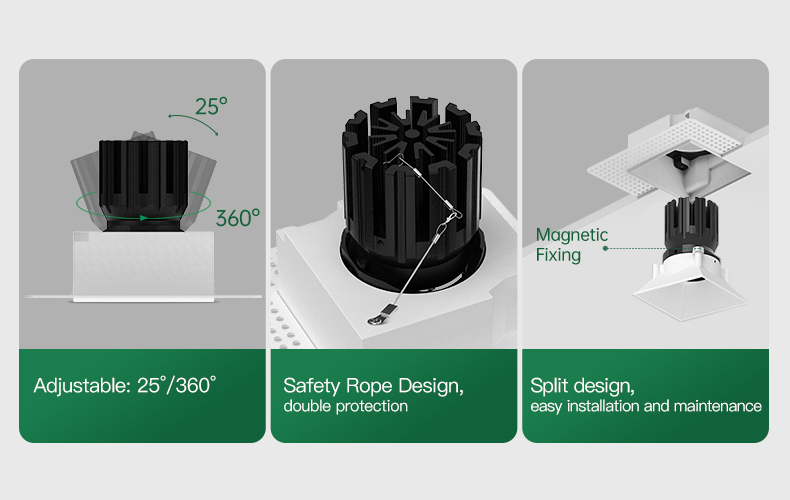 Square trimless recessed spotlight for office ceiling lighting and modern workspace interior applications