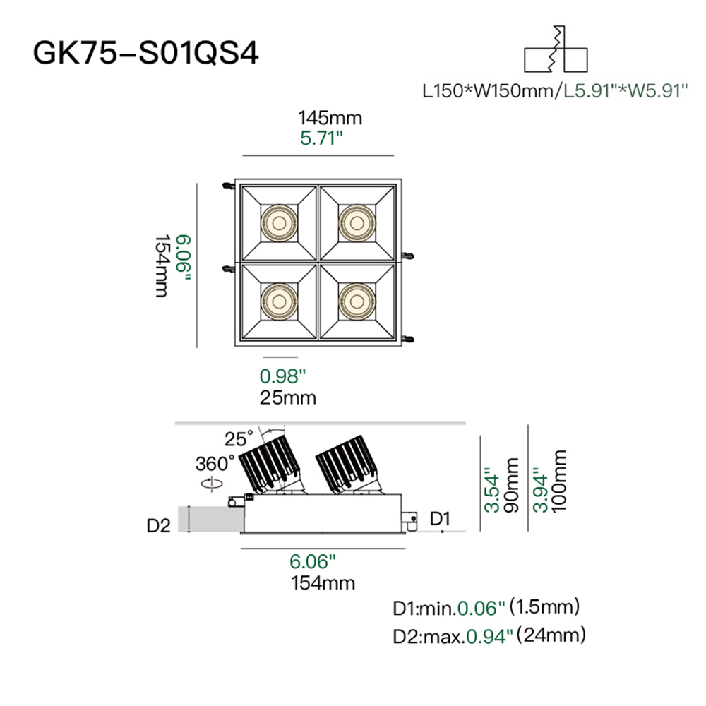 Adjustable square four-head recessed lamp, suitable for kitchens, open plan living areas, hallways, and offices