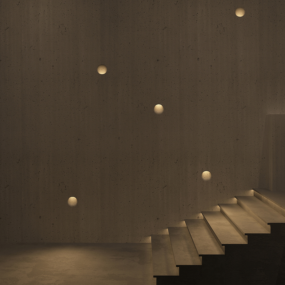 Round recessed plaster wall light for indoor stair lighting, seamless gypsum wall fixture ideal for modern residential spaces
