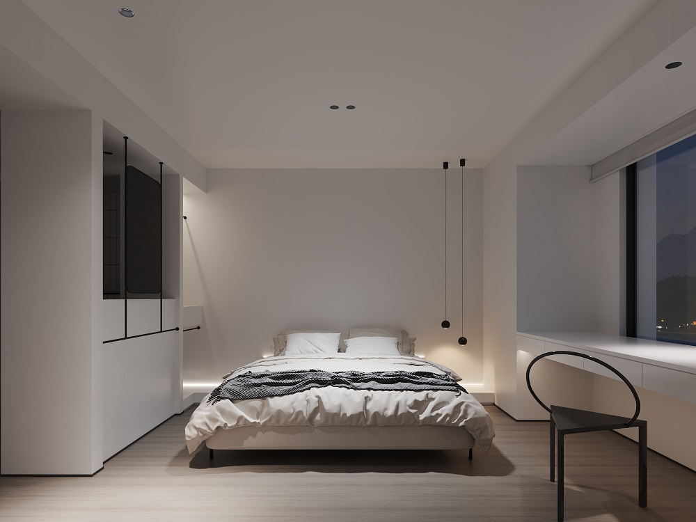 Modern minimalist bedroom with round recessed spotlights, clean ambient ceiling lighting design