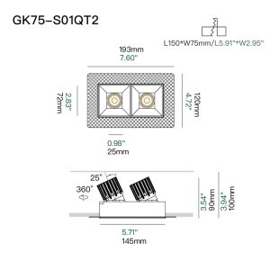 05 GK75-S01QT2 Double head trimless downlight fixture with adjustable beam for luxury bedroom, boutique shop and office lighting