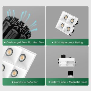 Four head waterproof ceiling downlight with anti glare reflector for corridor, kitchen and office lighting projects