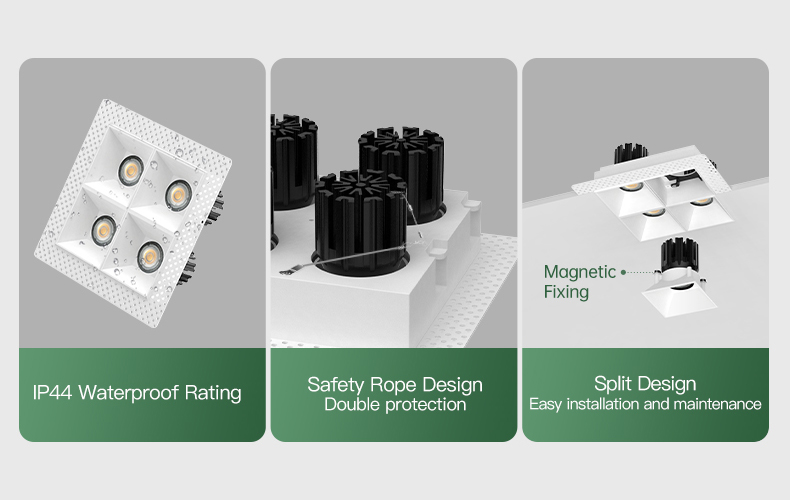 Four-head IP44 trimless recessed spotlight, waterproof design, ideal for bathroom, hallway, and living space lighting