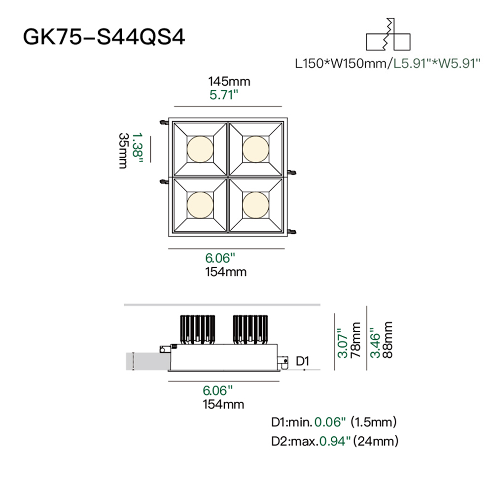 IP44 four head recessed spotlight with deep anti glare design for bathroom vanity and indoor ceiling lighting