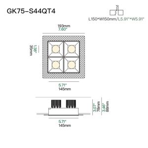 05 GK75-S44QT4 IP44 four head anti glare recessed spotlight for contemporary living room and hospitality ceiling lighting