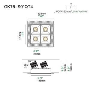 05 GK75-S01QT4 Four head anti glare recessed downlight for art galleries, fashion stores and minimalist architectural ceilings
