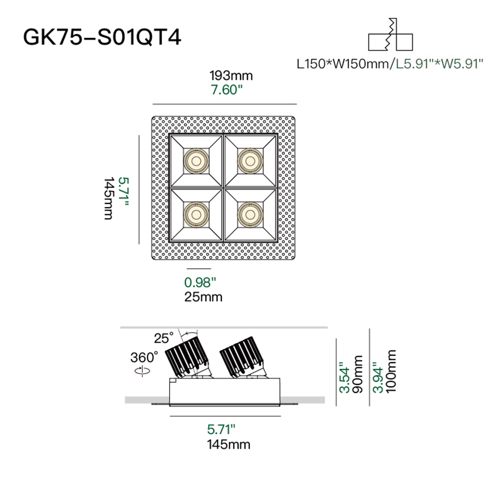 Four head anti glare recessed downlight for art galleries, fashion stores and minimalist architectural ceilings