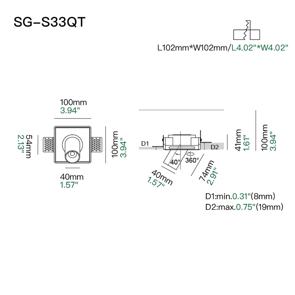 Recessed trimless spotlight with directional lighting control for galleries, lounges and luxury residential projects