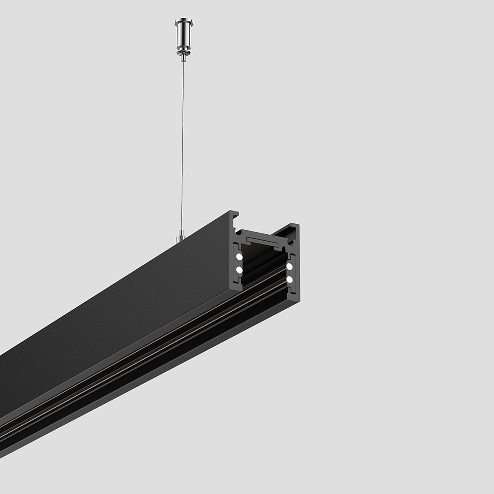 Black M19 magnetic track lighting system creating clean linear lighting for modern apartments, villas and open concept interiors