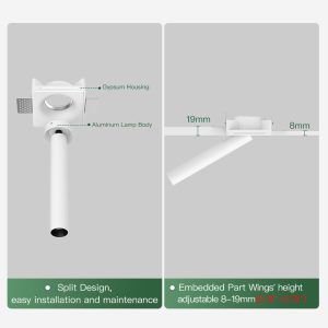 Recessed gypsum spotlight with clean cylindrical design, perfect for highlighting artwork, wall décor and display areas in living spaces