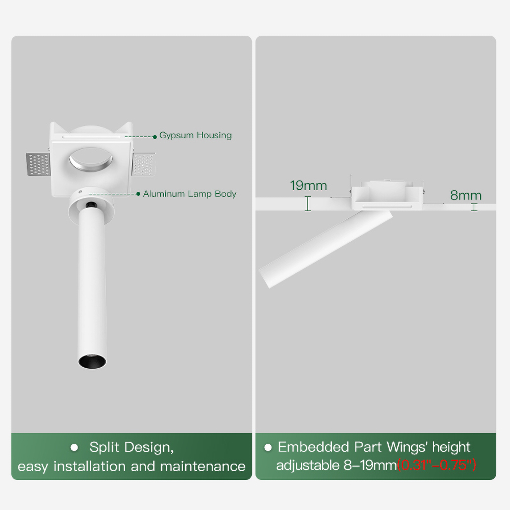 Recessed gypsum spotlight with clean cylindrical design, perfect for highlighting artwork, wall décor and display areas in living spaces