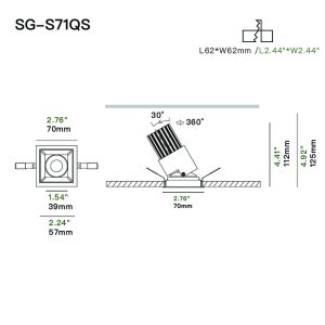 07-SG-S71QS 2 inch recessed LED spotlight for boutique retail lighting, adjustable directional downlight for product displays and accent lighting