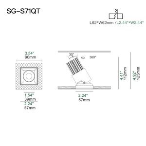 Modern square recessed LED spotlight with 360° rotation for accent lighting in luxury homes, hotels, boutiques, and commercial interiors