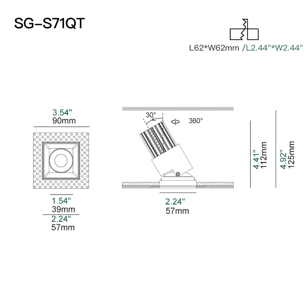 Modern square recessed LED spotlight with 360° rotation for accent lighting in luxury homes, hotels, boutiques, and commercial interiors
