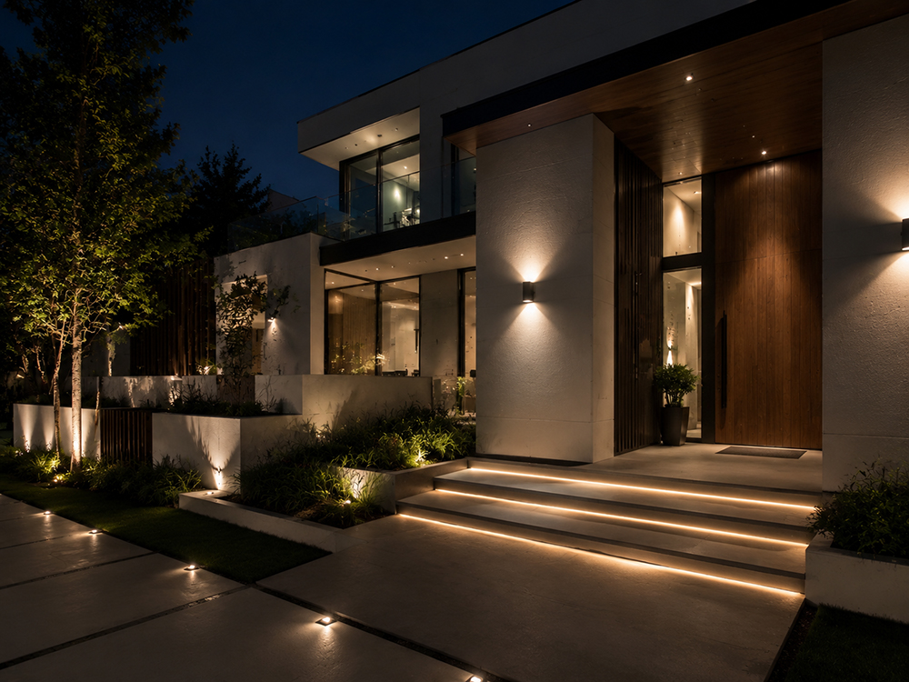 Modern home architectural lighting design ideas with recessed lights and outdoor courtyard illumination