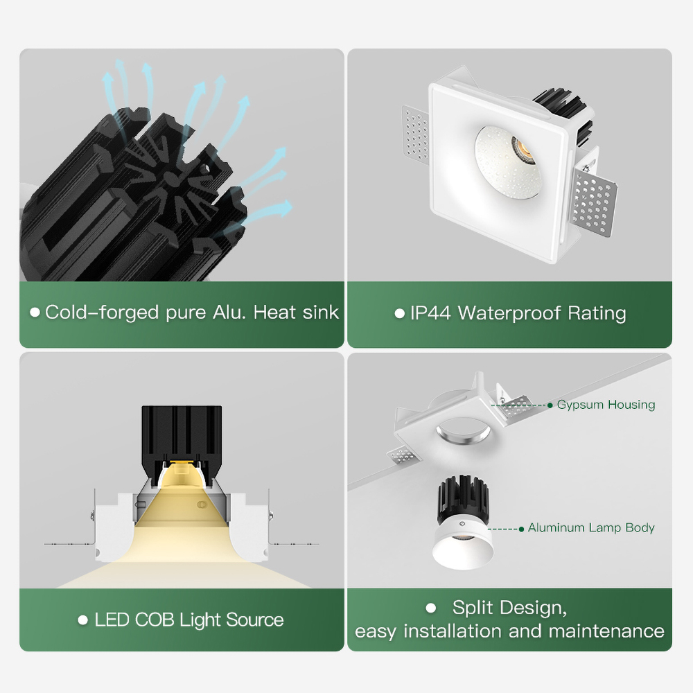 Trimless LED downlight fixture for living room, bedroom, and modern interior ceiling lighting