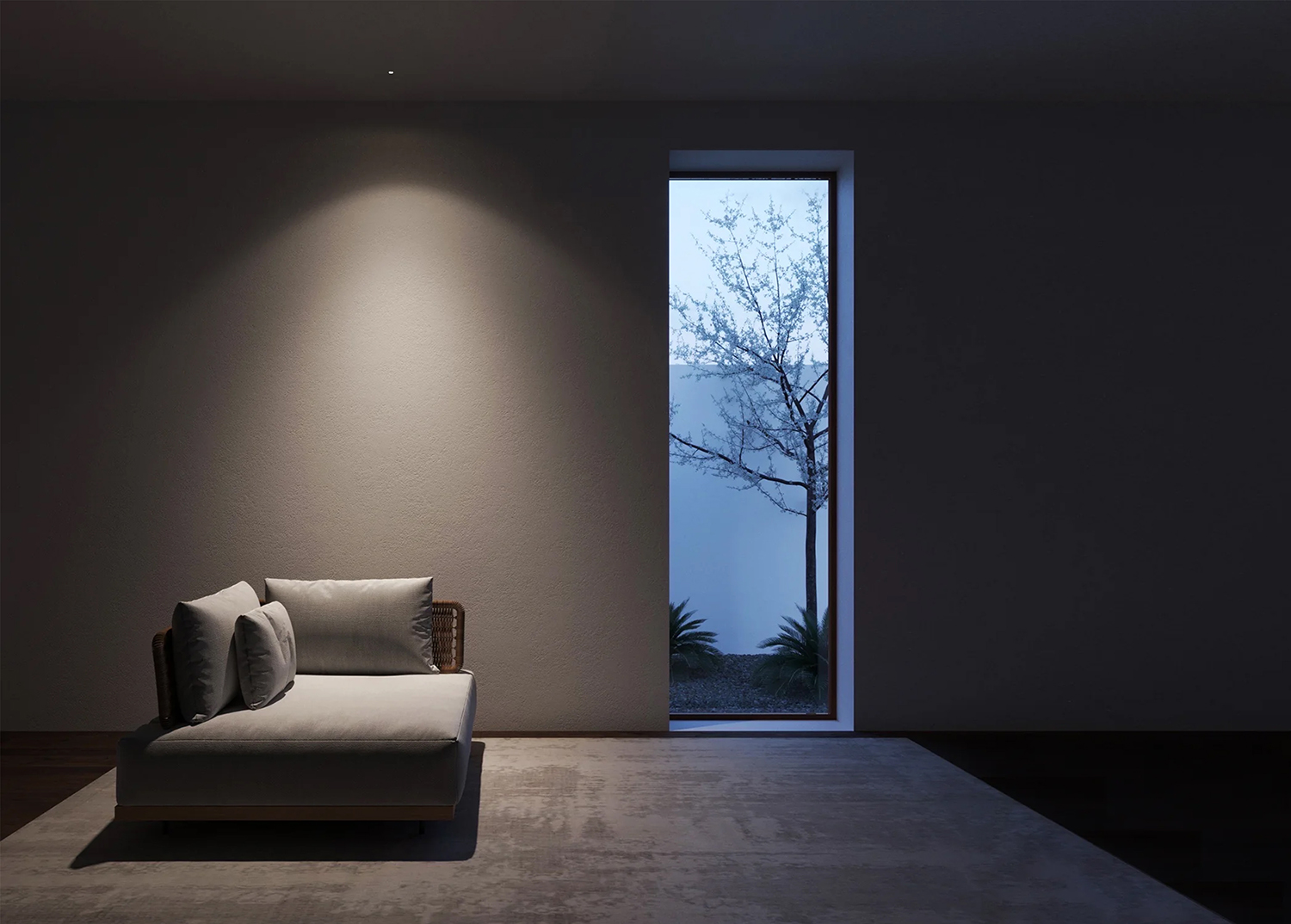 Trimless mini recessed spotlight for moody lounge lighting and contemporary architectural ceiling applications
