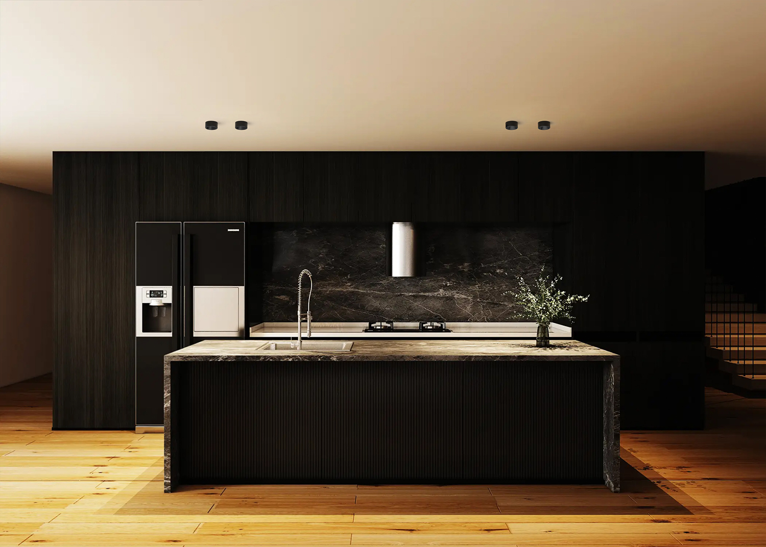Semi-recessed spotlight for modern kitchen ceilings, providing focused illumination with a clean architectural lighting design